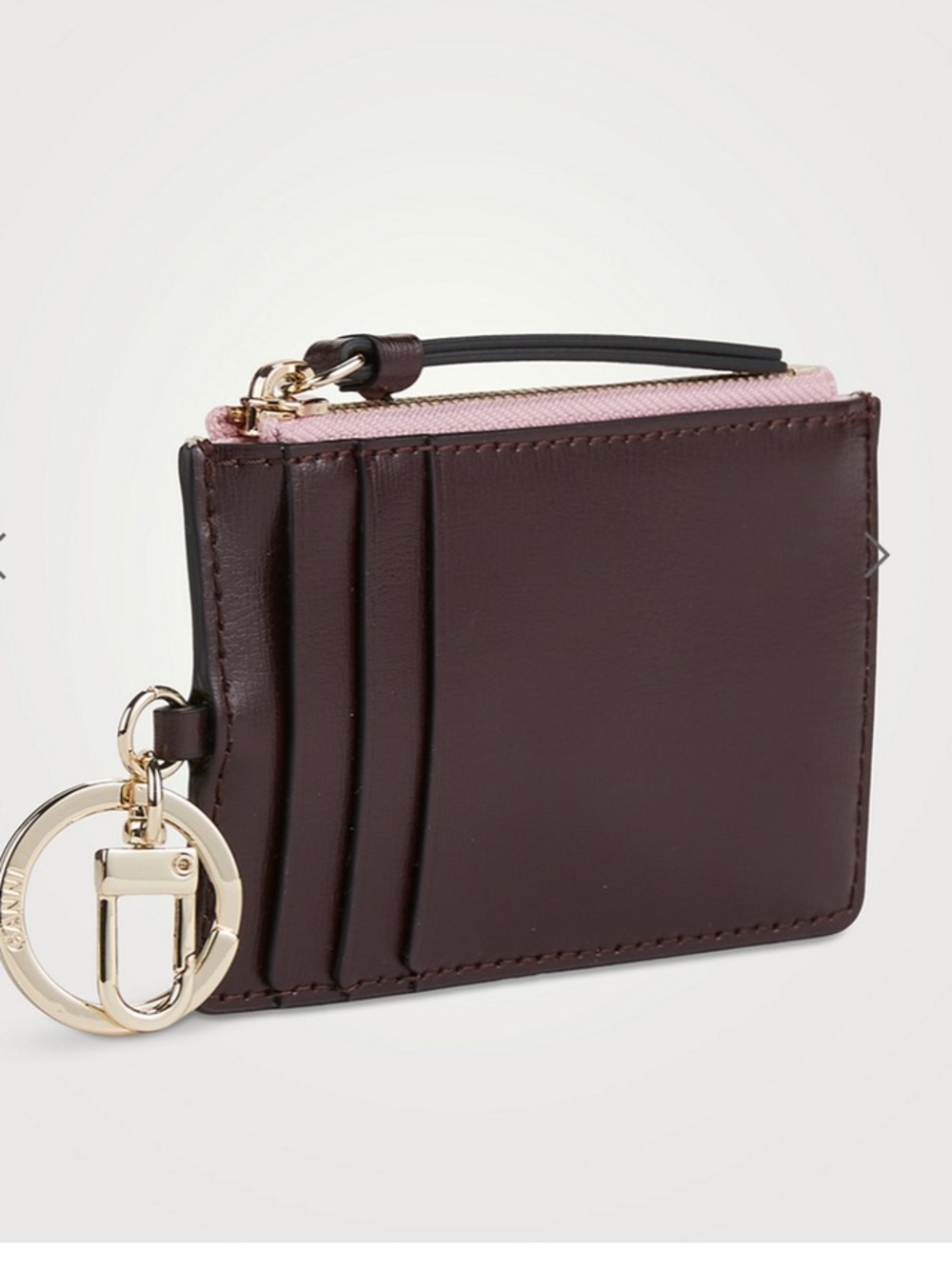 New GANNI Banner Leather Coin Purse Credit Card Holder Pink Dark Brown/ Burgundy - Picture 2 of 13